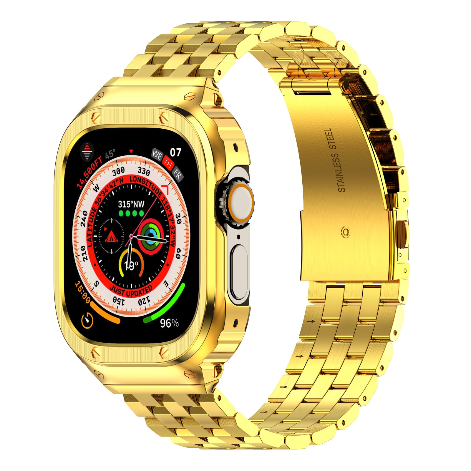 HASLFM Apple Watch Straps Compatible for Apple Watch Ultra 3/2/1 49mm,Rugged Metal Stainless Steel iWatch Band with Protective Case for Men，Gold