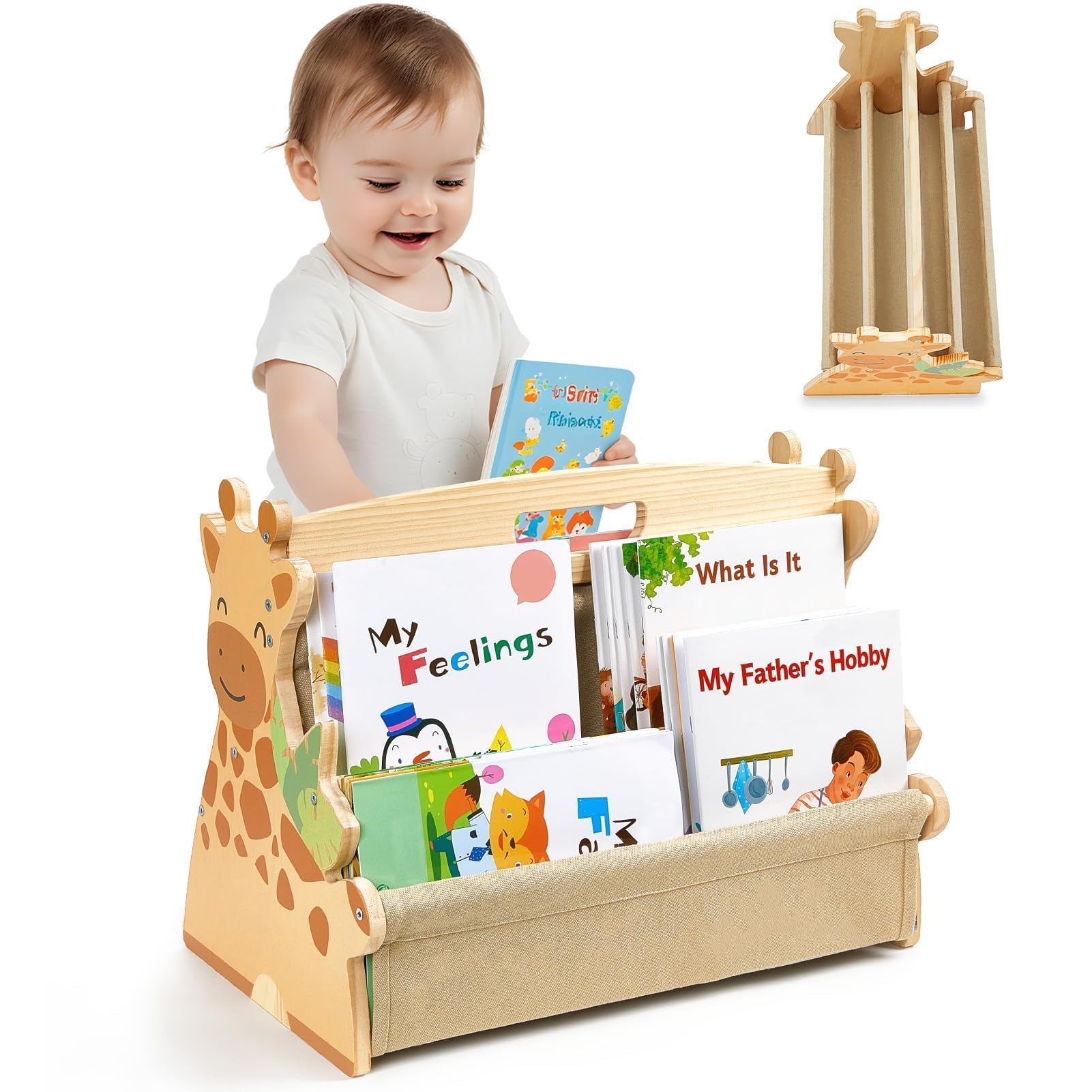 Photo 1 of SheSeek Toddler Bookshelf Double-Sided with 4 Tier Deep Sleeves Kids Wooden Montessori Book Rack for Baby Nursery Room, Playroom, Classroom or Bedroom Bookcase Storage Organizer, Light Wood Giraffe