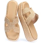 Monrovia Raffia Platform Sandals for Women Slip-On Espadrille Wedges Slides, Flatform Woven Straw Summer Vacation Beach Shoes