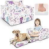 Beavtaens Kids Couch, 2-in-1 Kids Fold Out Couch, Convertible Sofa to Lounger for Girls and Boys, Soft Toddler Chairs Comfy 1-3 Years Old - White Dinosaur