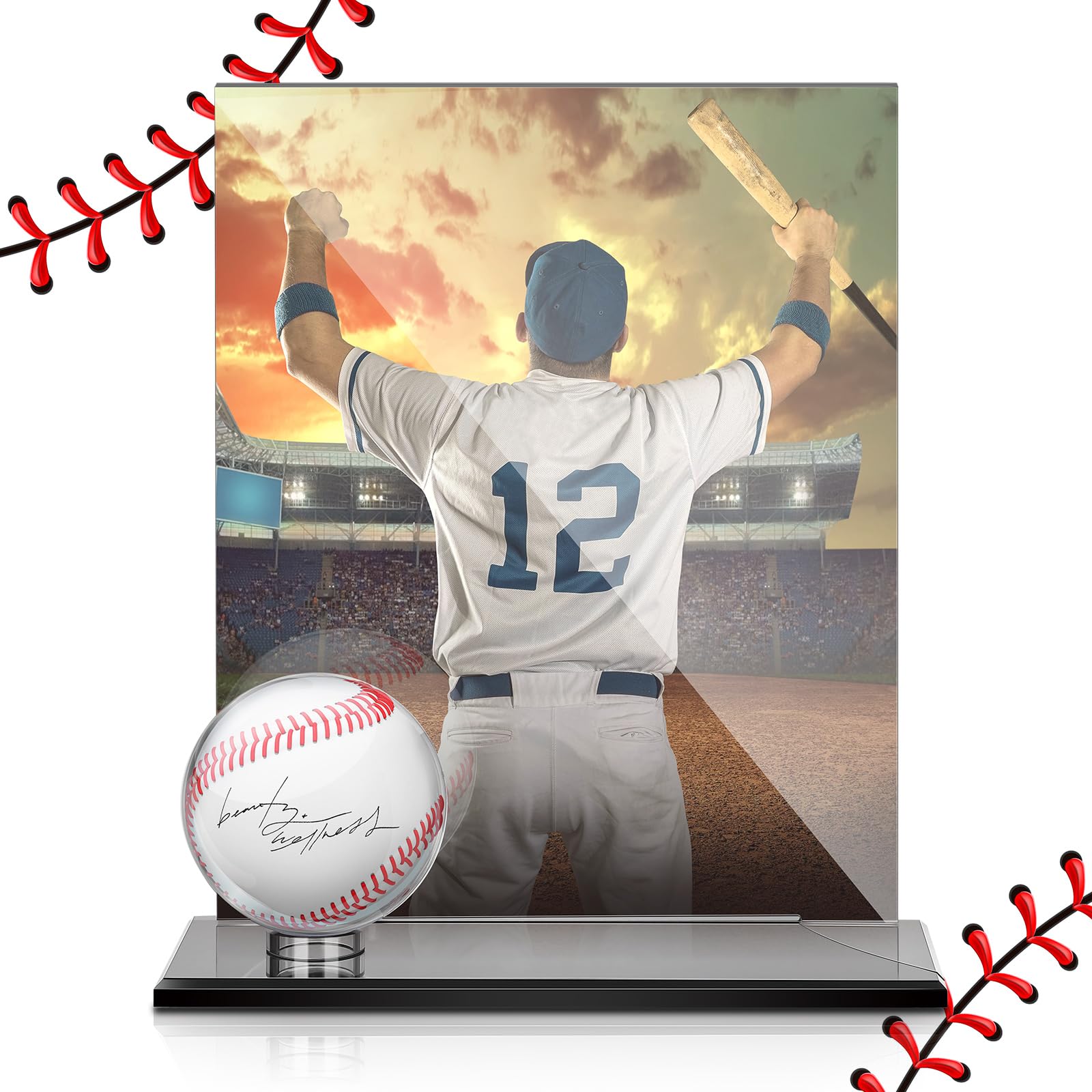 Photo 1 of DoubleFill Acrylic Baseball Display Case for Ball and Cards Clear Base Ball Holder Ring Stand Set Centerpieces Protector Memorabilia Showcase for Official Size Baseball(Large)