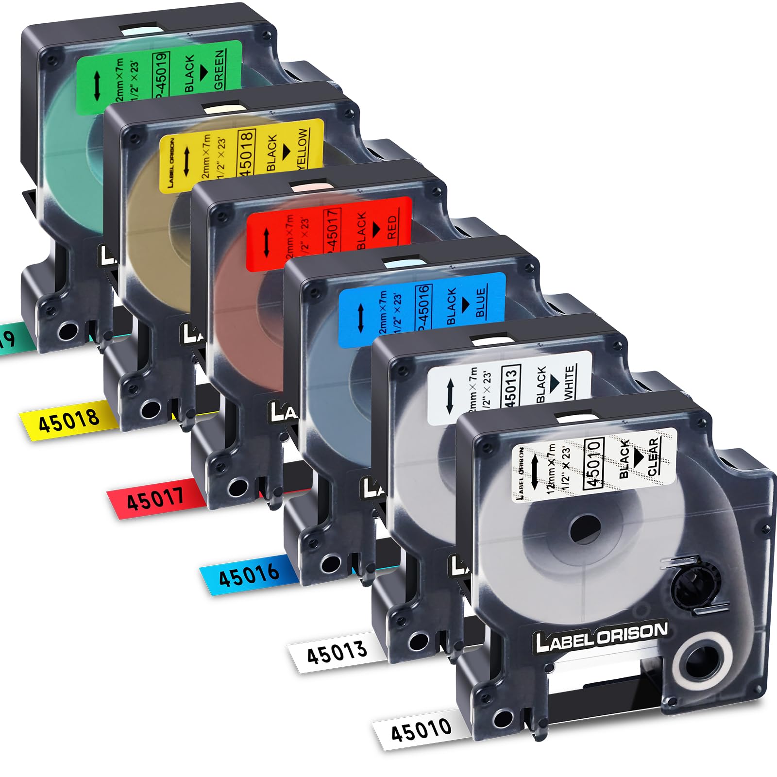 Label Orison Compatible with Dymo D1 Label Tape 12mm Combo Set 45010 45013 45016 45017 45018 45019 for LabelManager 160 280 210D 420P Label Makers, 1/2 inch x23 Feet, 6-Pack