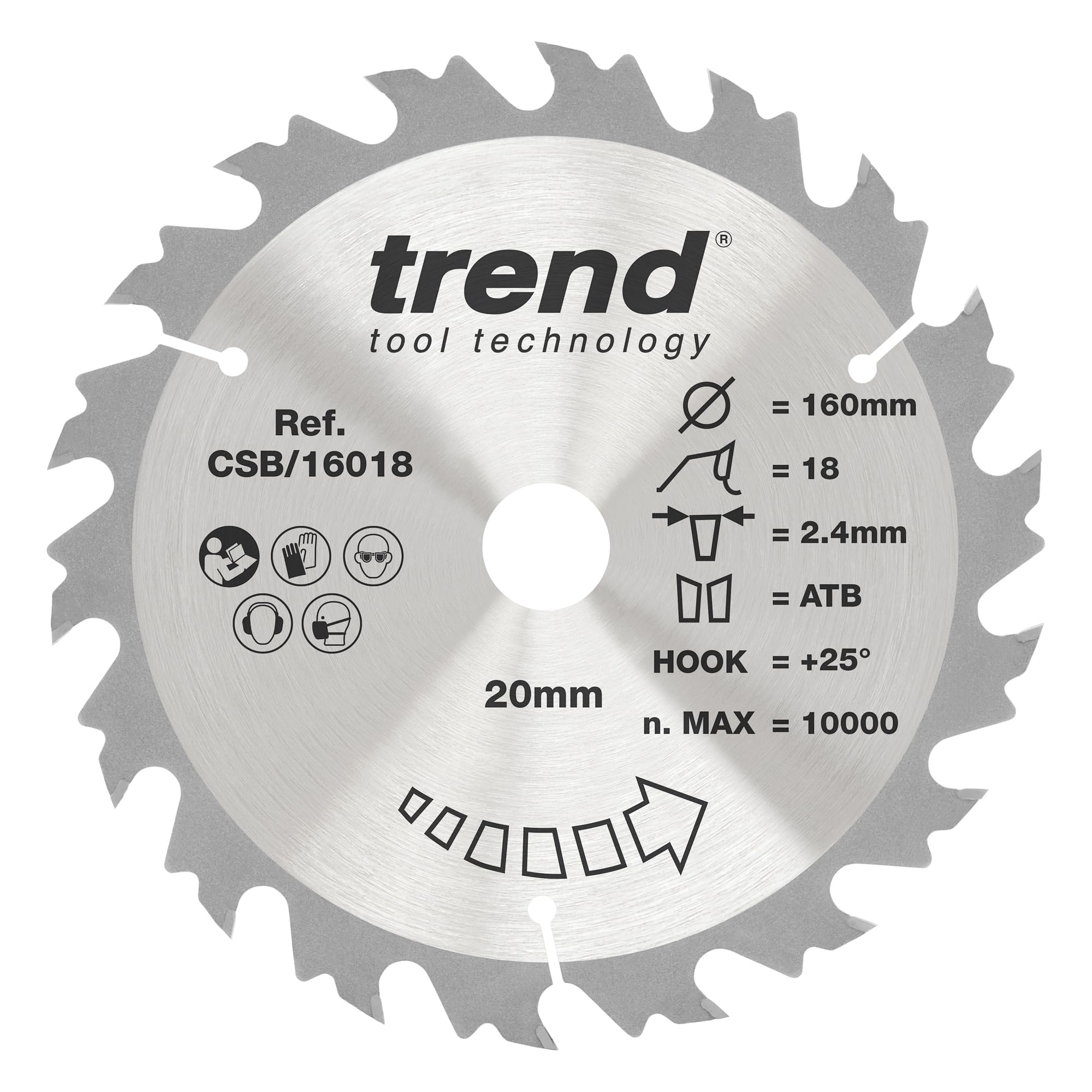 Trend Wood Circular Saw Blade, 160mm Diameter, 20mm Bore, 18 Teeth, 2.4mm Kerf, +25° Hook, TCT, Coarse Finish, CSB/16018