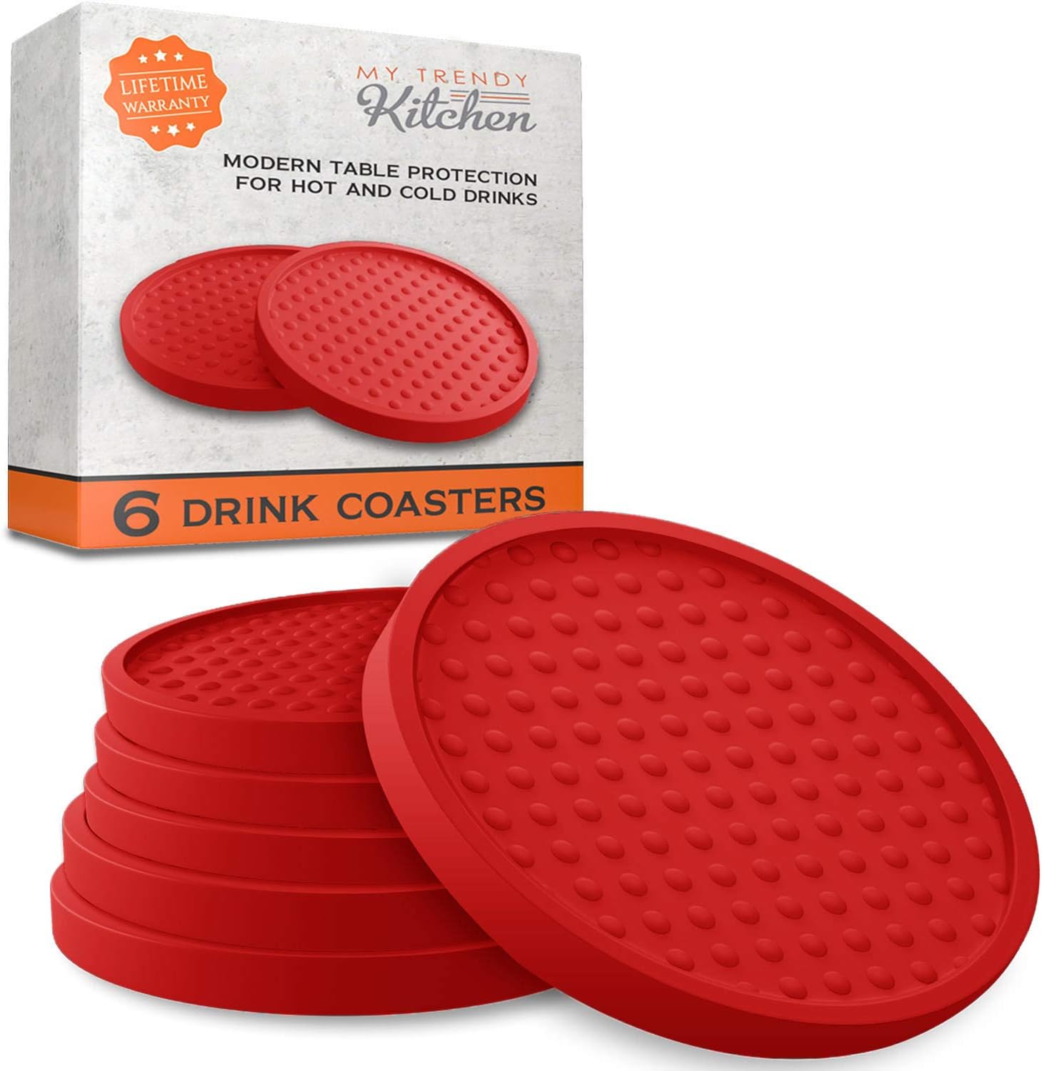 Large Drink Coasters - Absorbs Moisture and Prevents Table Damage, Modern Red Rubber Coaster with Non-Slip Bottom for Drinking Glasses, 6 Pack