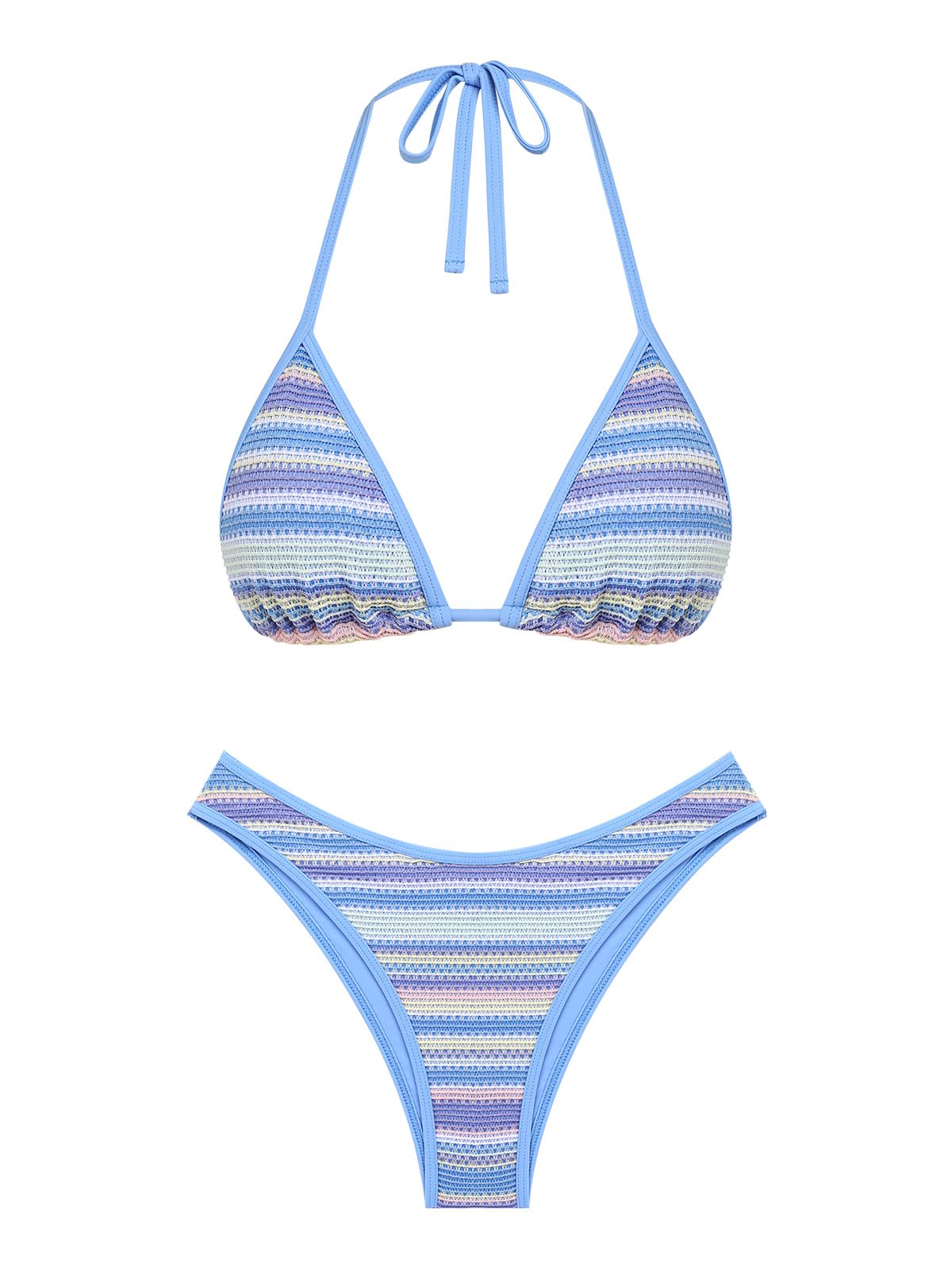 Photo 1 of seamoly Striped Halter Triangle Binding Cheeky Bikini Set,Sky Blue,M