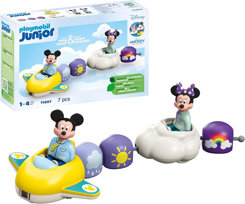 Junior & Disney 71697 Topolino e Minnie in volo tra le nuvole, giocattolo sostenibile realizzato in plastica a base vegetale, giocattolo per bambini dai 12 mesi in su