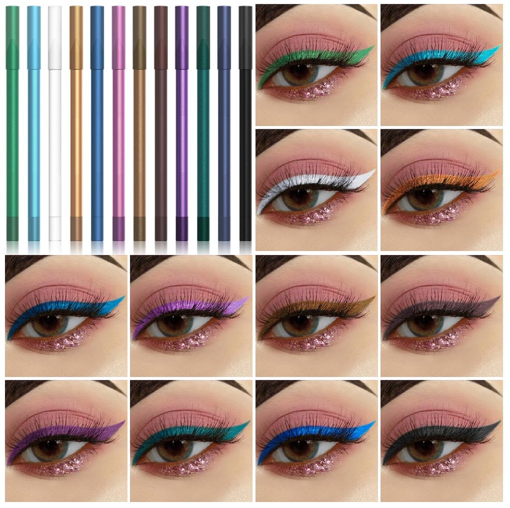 EOGRFW Eyeliner Set - 12 Color Eye Shadows, Metallic & Glitter Eyeliner Pens, Long Lasting, Waterproof, Professional Eye Makeup Pencil for Women & Girls