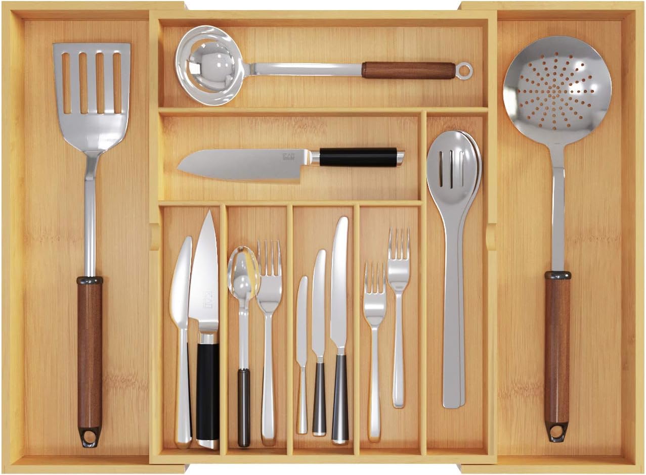 BAMEOS Utensil Drawer Organizer, Cutlery Tray Desk Drawer Organizer Silverware Holder Kitchen Knives Tray Drawer Organizer, 100% Pure Bamboo Expandable Adjustable Cutlery: Home Improvement