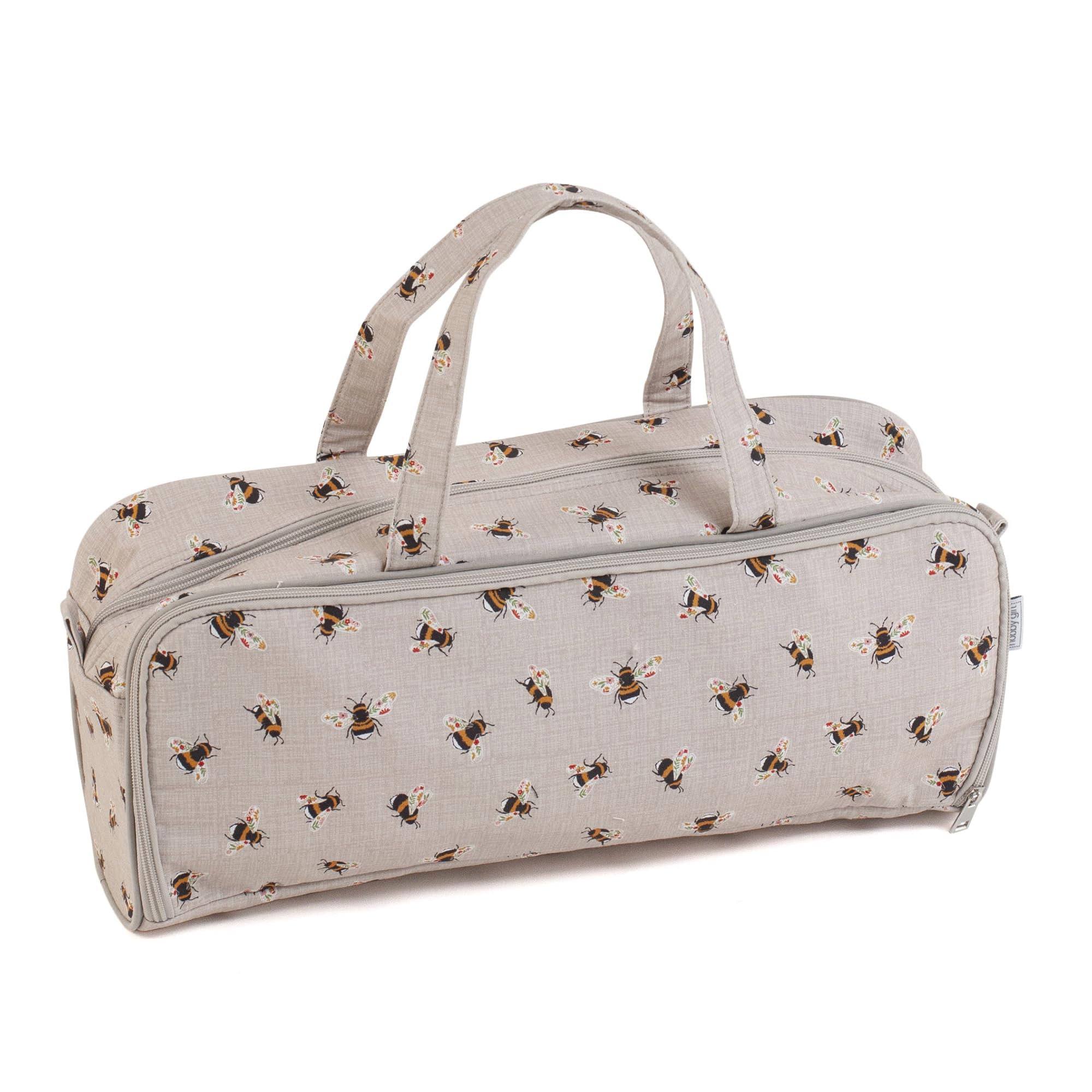 Hobby Gift Medium Knitting Bag - 100% Soft Cotton Craft Crochet Bag Organiser with Zipped Knitting Pin Case, Yarn Eyelet, Yarn Holder, & Double Handle - 13 x 45 x 18cm, Bees