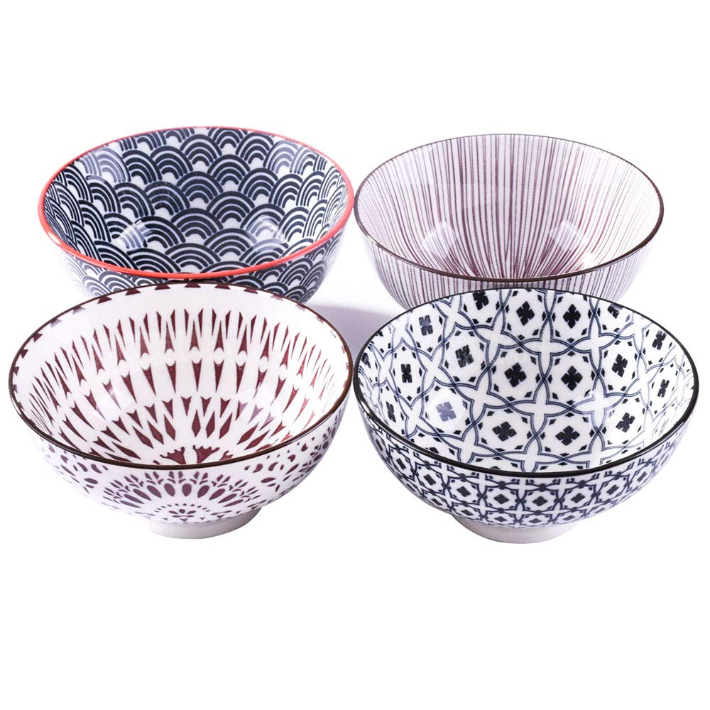 BOSILI Japanese Rice Bowl Set of 4 Ceramic Sushi Bowls Suitable for Dessert Snacks Cereal Soup Sauce