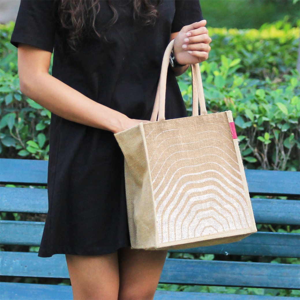 h&b unisex multipurpose wave white jute handbag with zip