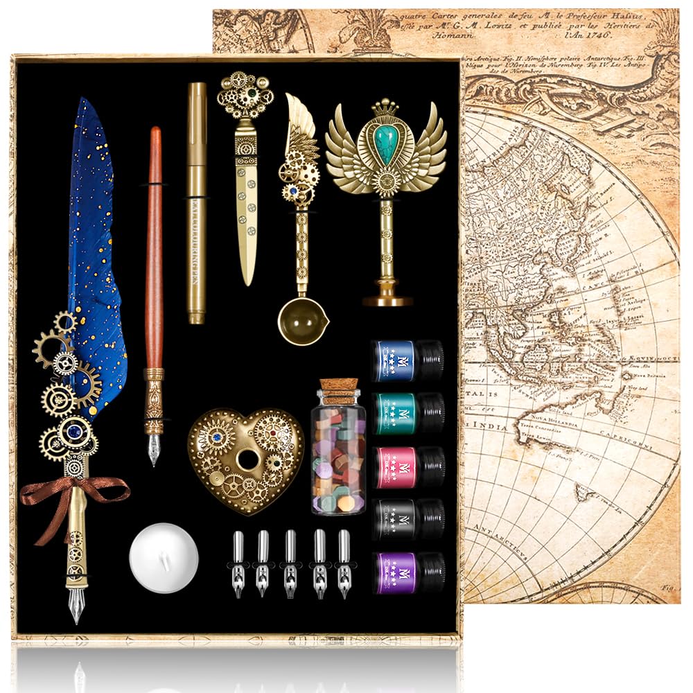 MPRINCE Quill Pen Ink Set - Feather Pen, Wooden Pen, 5 Replaceable Nibs, 5 Ink, Seal, Wax Beads, Envelope & Letter Paper - Blue