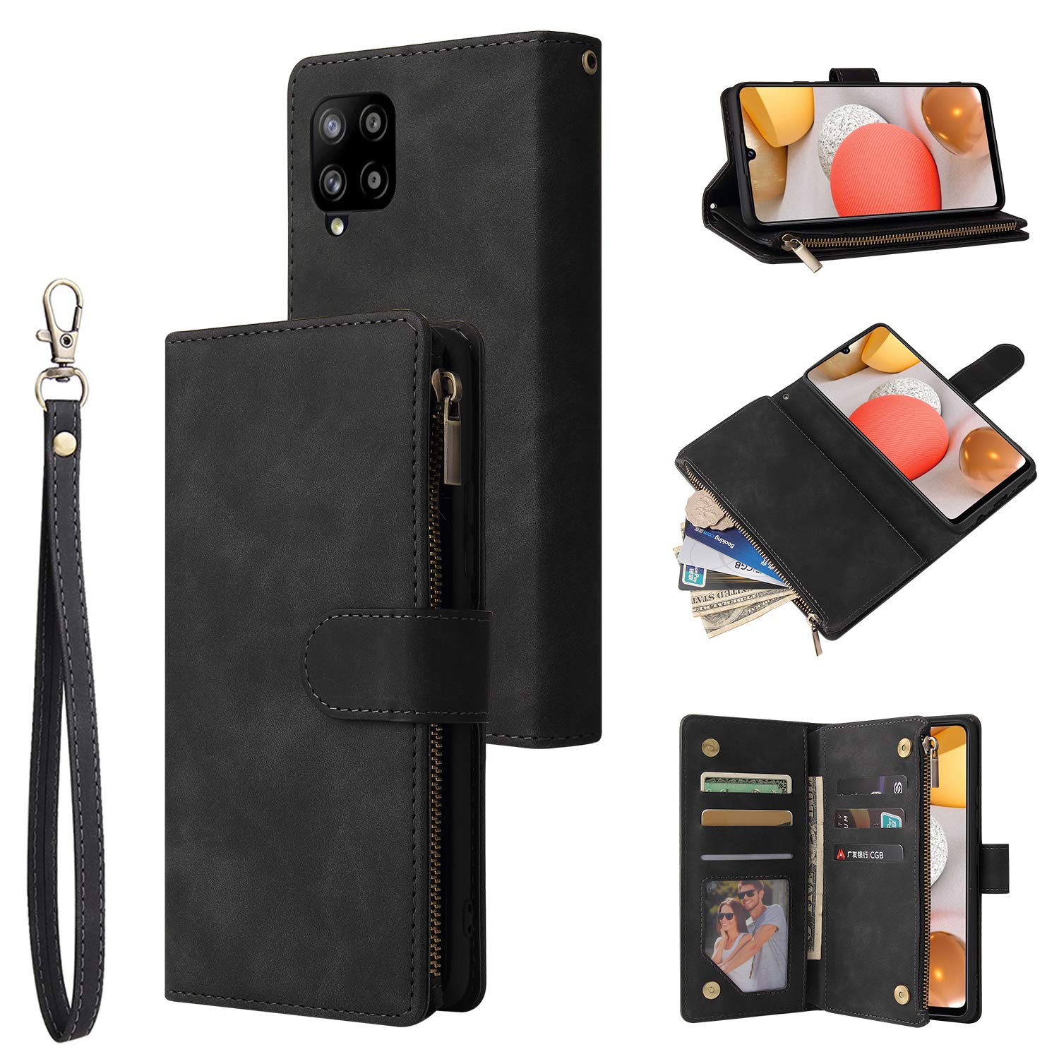 UEEBAI Wallet Case for Samsung Galaxy A12 5G/M12 5G, Premium Vintage PU Leather Magnetic Closure Handbag Zipper Pocket Case Kickstand Card Holder Slots Wrist Strap TPU Shockproof Flip Cover - Black