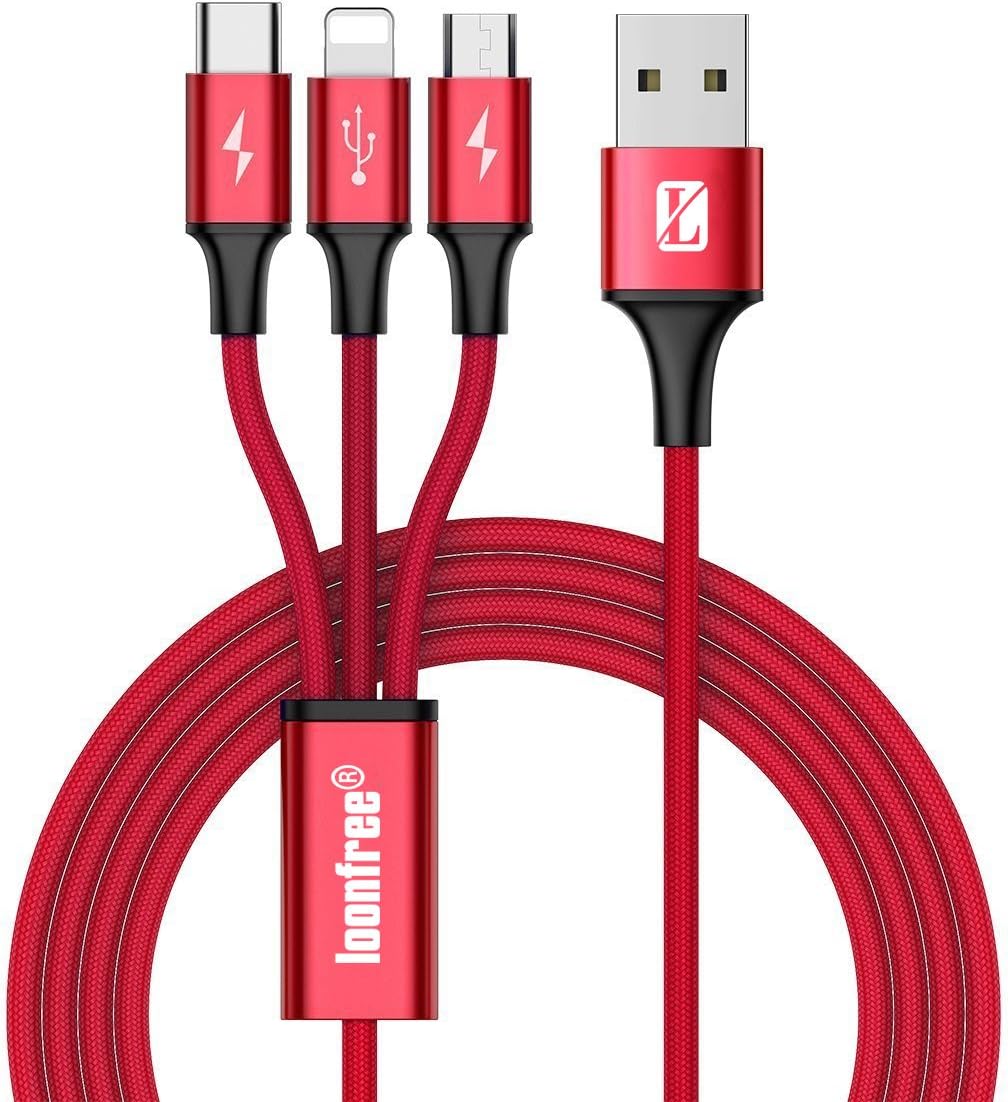 Multi USB Cable, Multi Charger Cable, Multi Charging Cable, 3 in 1 3A 1.2m Micro USB/USB Type C Nylon Braided USB Charger Data Cable Compatible with 7 7 Plus 6s 6s Plus 6 6 Plus-Red