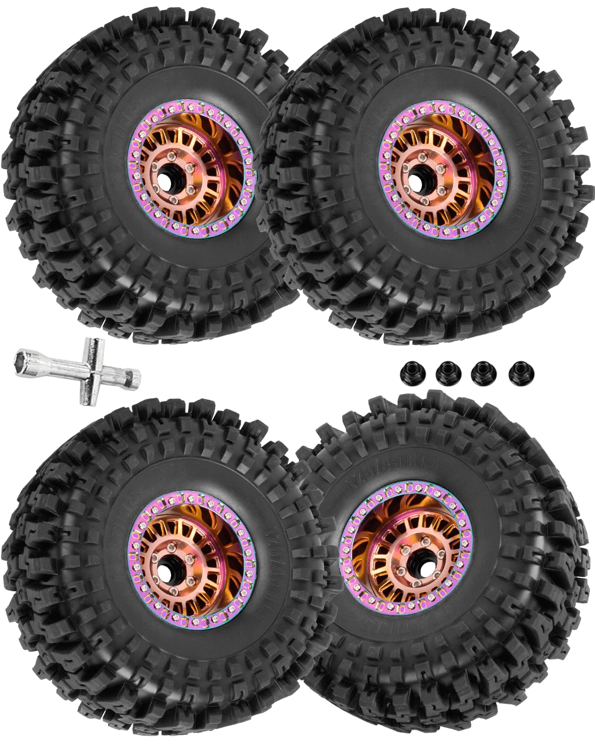 Photo 1 of RCHuiWow 1.9 Beadlock RC Wheels and Tires for 1/10 RC Crawler SCX10 SCX10 II 90046 SCX10 III AXI03007 TRX4,Aluminium 1.9 Beadlock Wheels Soft Rubber Tires,4PCS,Bronze