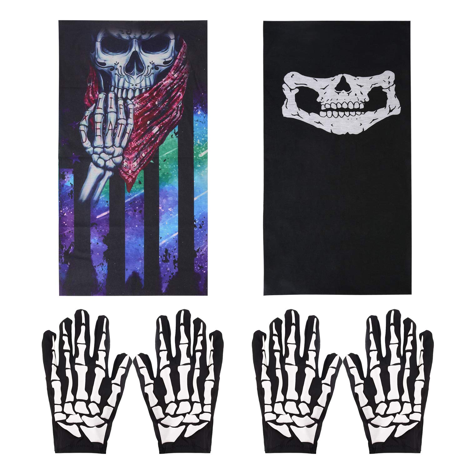 ZOYLINK 2 Pares de Guantes de Halloween Scary Skeleton Novelty Gloves con 2 mascarillas de Ciclismo