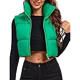 Fuinloth Women's Padded Vest, High Stand Collar Lightweight Zip Crop Puffer Gilet
