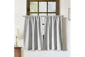 OINDEC Faux Linen Kitchen Curtains 36 Inch Length Cafe Curtain Tiers for Living Room Basement Bathroom Windows Country Rustic Small Short Curtains, Set of 2, Grey