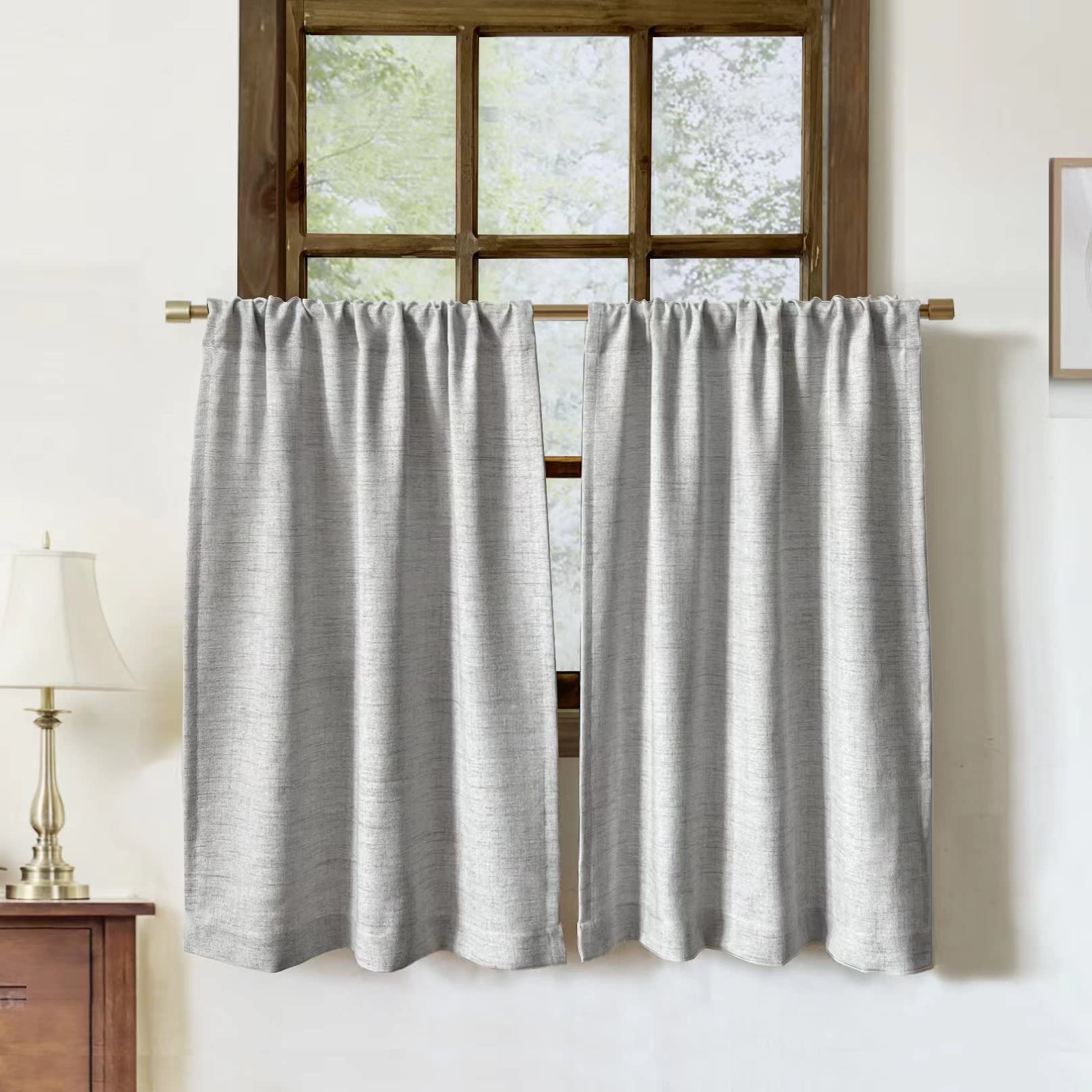 Photo 1 of Faux Linen Kitchen Curtains 36 Inch Length Cafe Curtain Tiers for Living Room Basement Bathroom Windows Country Rustic Small Short Curtains, Set of 2, Grey