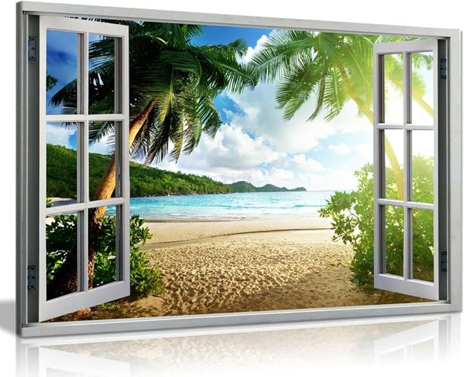 Beach Sunset View 3D Window Effect Canvas Wall Art Picture Print (18X12