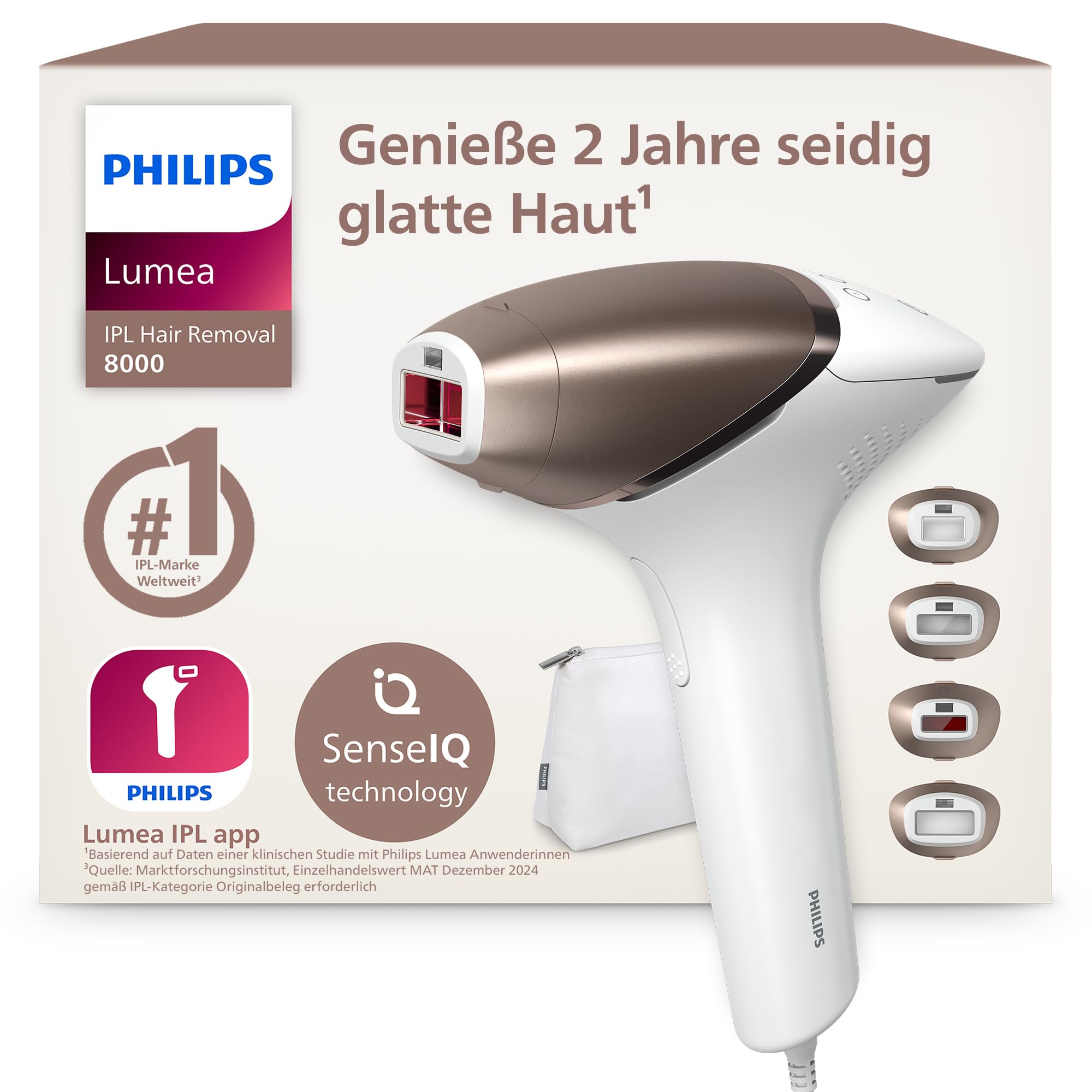 Philips Lumea IPL 8000 Series - IPL Geräte Haarentfernung für bis zu 2 Jahre seidig-glatte Haut¹ mit 4 Aufsätzen für Körper & Gesicht, kabellos, Alternative zur Laser-Haarentfernung (BRI948/00)