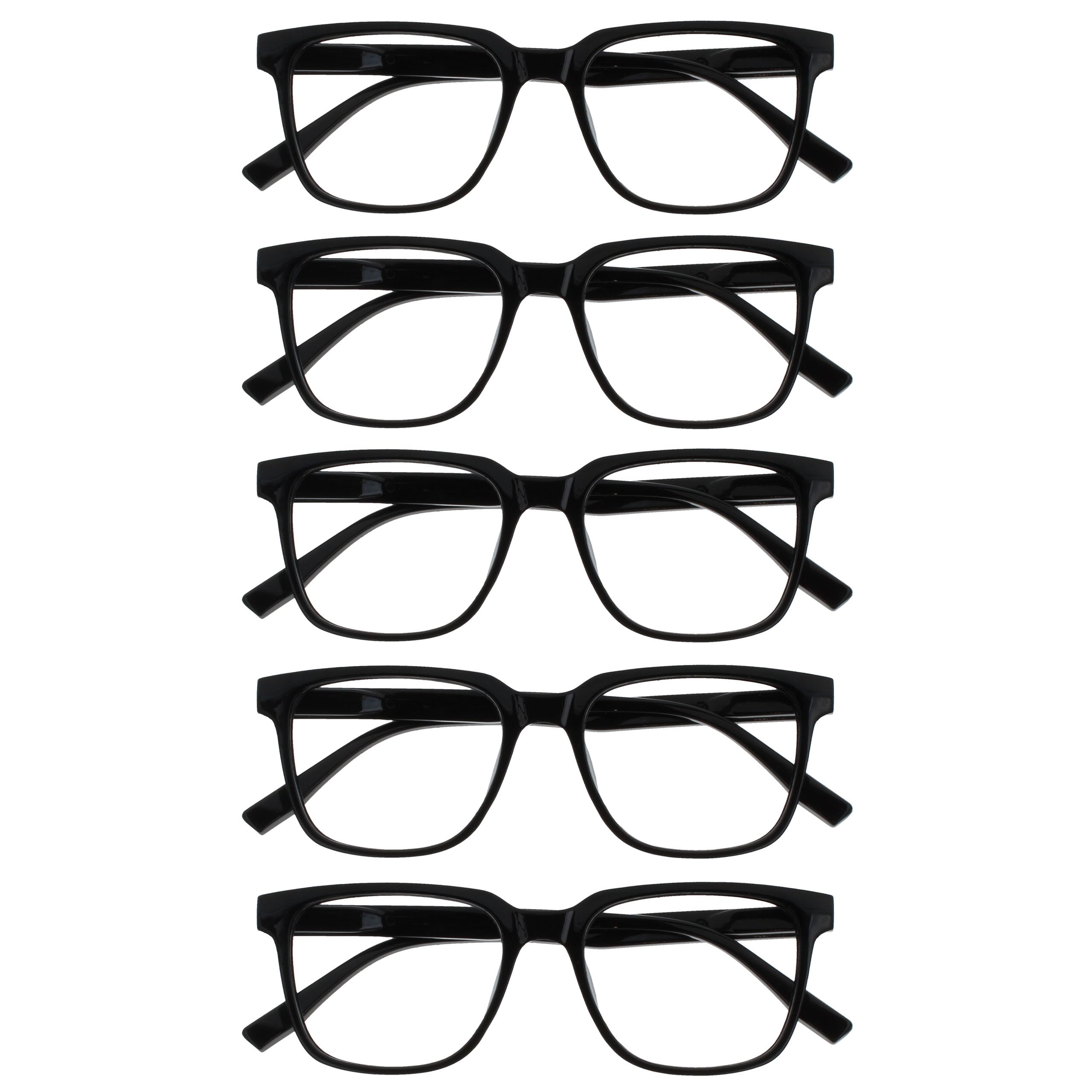 OPULIZE LEO Reading Glasses - 5 -Pack - Large Rectangular Frame - Black - Mens Womens - Spring Hinges - RRRRR55-1 - +3.00