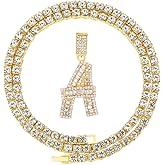 HH Bling Silver Gold Iced Out Baguette Initial Letter Necklaces for Men Women, Big Cz Diamond Capital Letter Pendant A-Z with Rope Tennis Chains