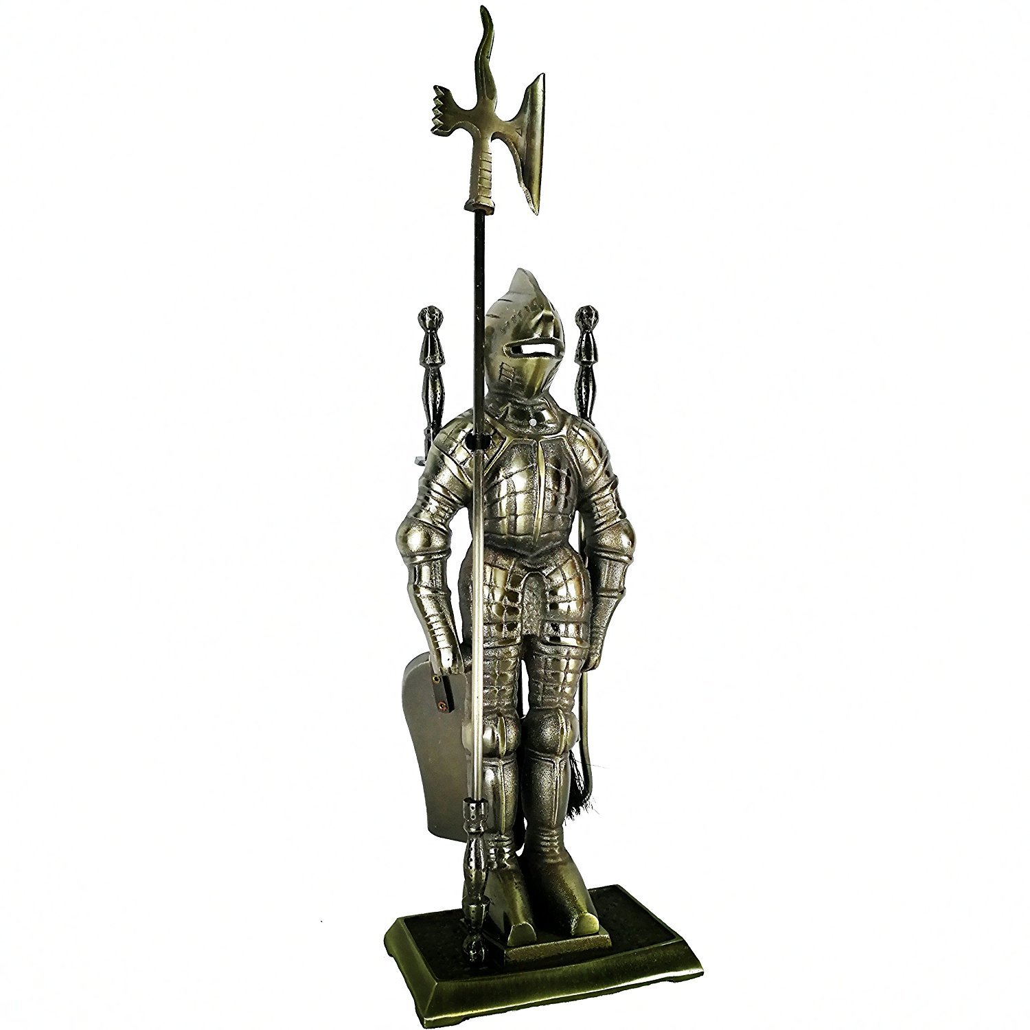 Lizh Middle Ages Knight Cast Iron Fireplace Tool Set ,Antique Brass