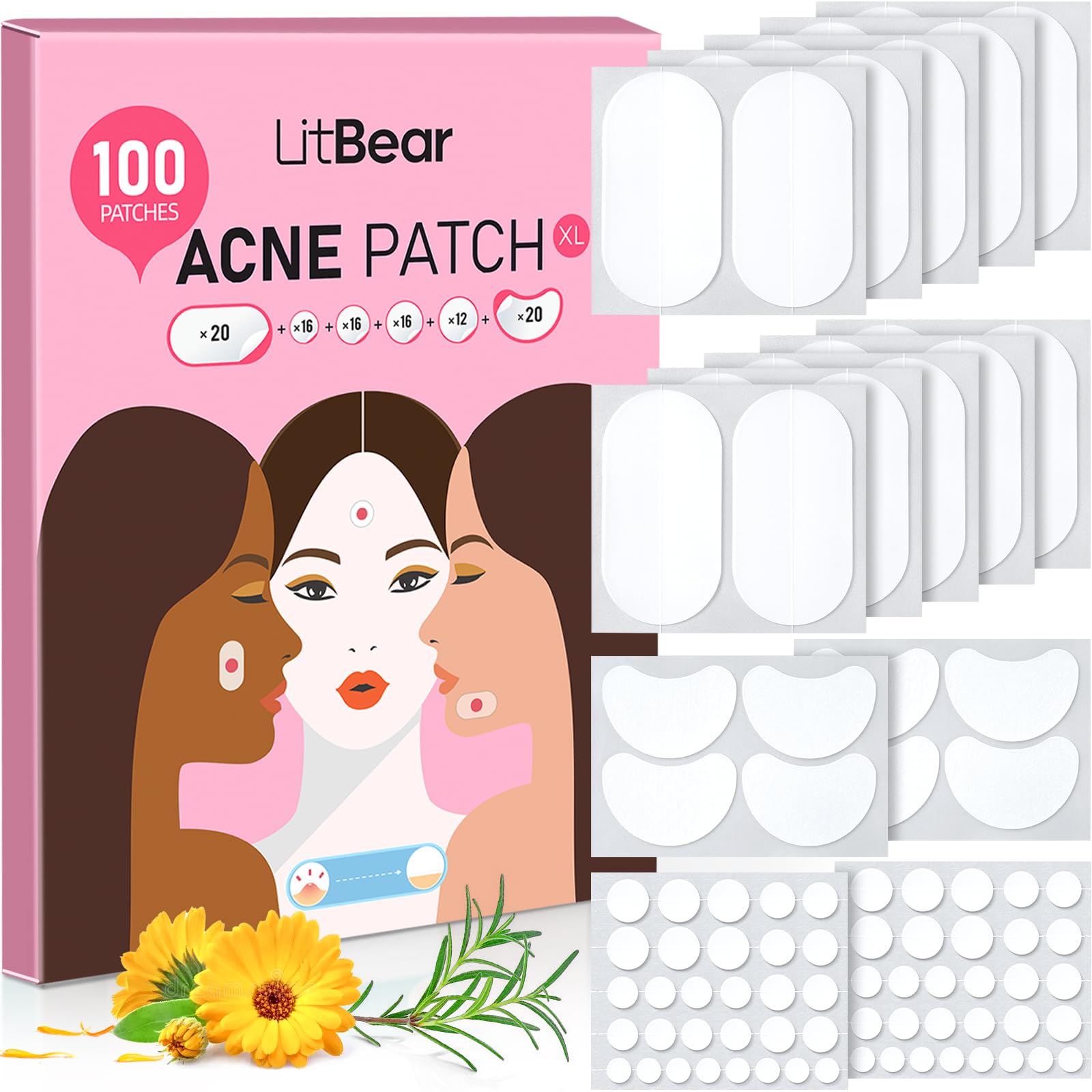 LitBear Pimple Patches, Large Acne Patches for Face, Chin, or Body, Acne Spot with Tea Tree & Calendula Oil, Hydrocolloid Bandages for Acne Skin (100 Patches)