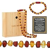 ELEGAMBER Handmade polished amber necklace Set -100% Certified and Authentic Baltic Amber - Genuine Amber Beads, 12.5+5.5 inches (red&cognac suit)