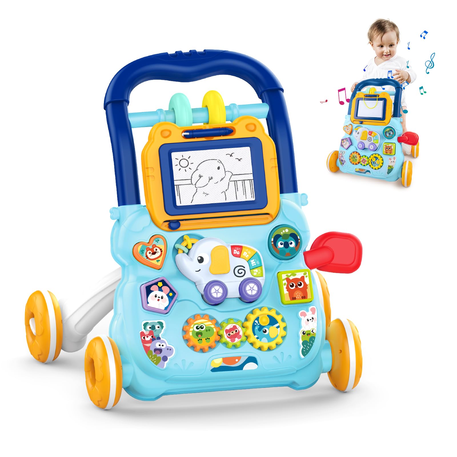 KalaDuck Sit to Stand Baby Walker, Baby Push Along Toys with Music and Drawing Board, Early Educational Activity Centres Babies Learning Toys, Baby Walkers for Boys Girls from 6 Months (Blue)