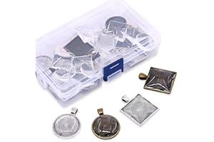 Glarks 48-Pieces Round and Square Pendant Trays with Glass Cabochon Dome Tiles Clear Cameo for Crafting DIY Jewelry Making, 24 Sets