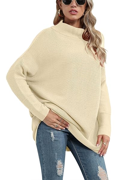 PRINBARA WOMEN’S CASUAL TURTLENECK BATWING SLEEVE OVERSIZED RIBBED KNIT TUNIC SWEATERS PULLOVER TOPS