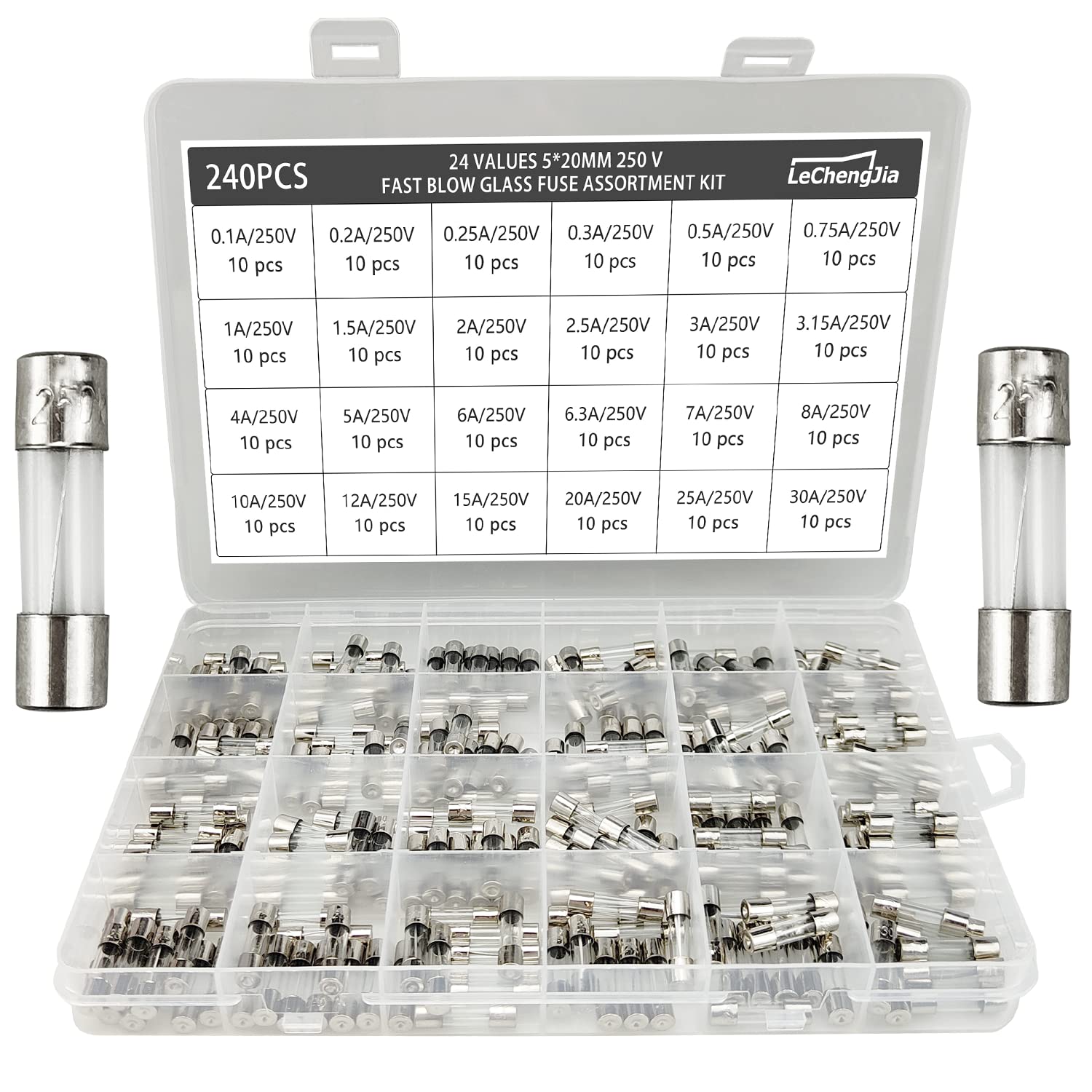 24 Values 240 pcs Fast-Blow Glass Fuse Assortment Kit 5x20mm 250V 0.1/0.2/0.25/0.3/0.5/0.75/1/1.5/2/2.5/3/ 3.15/4/5/6/6.3/7/ 8/10/12/15/20/25/30A packag in a Clear Plastic Box