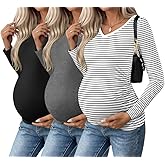 Ekouaer Womens Maternity Shirts Long Sleeve 3 Packs Pregnancy V-Neck Clothes Side Ruched Blouse Tops for Mama S-XXL