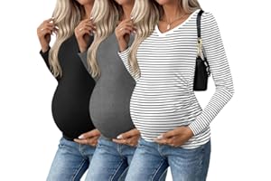 Ekouaer Womens Maternity Shirts Long Sleeve 3 Packs Pregnancy V-Neck Clothes Side Ruched Blouse Tops for Mama S-XXL