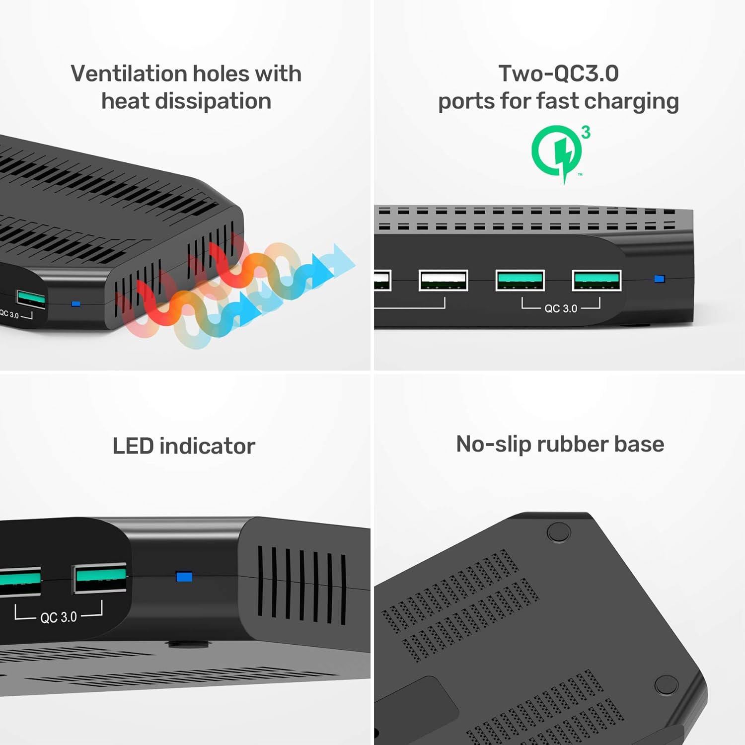 Alxum USB Charging Station 10 Port with 2 QC 3.0, Multi Fast Charging Dock Station for Multiple Devices, Organizer Stand with Detachable Dividers for Cell Phones, Tablets, and Other Electronics, Black