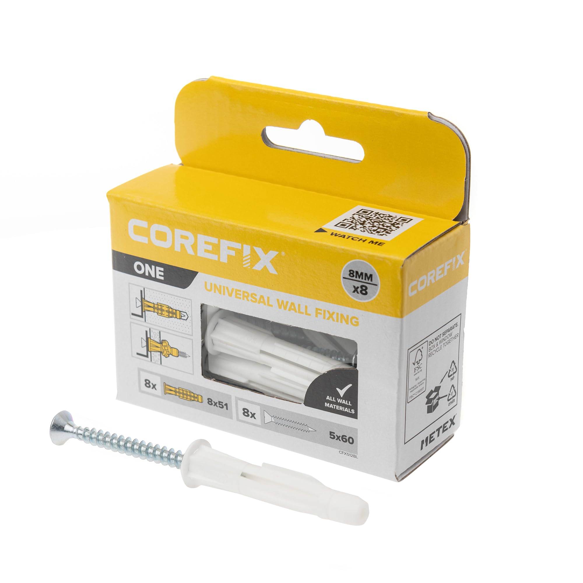 Corefix ONE Universal Wall Plugs & Screws Pack of 8, Heavy Duty (100kg in masonry) Wall Fixing Suitable or All Wall Types. Perfect For Mounting Shelves, Hanging TV's And Securing Cabinets