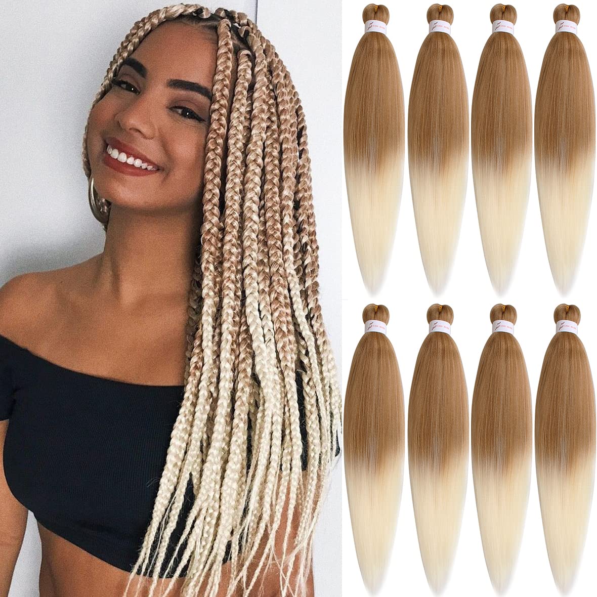Leeven 8 Packs Pre Stretched Braiding Hair 20 Inch Ombre Blonde EZ Brading Hair Extensions for Box Braids Hot Water Setting Kanekalon Crochet Hair Extensions for Braiding /20 Inch 27613#