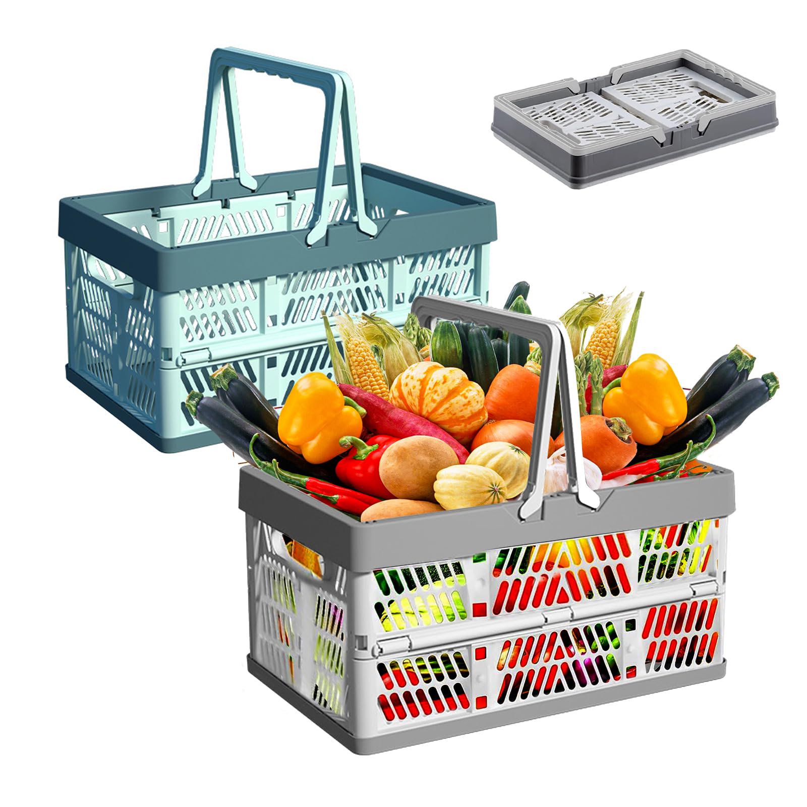 Bailtouk 2 Pcs Plastic Folding Storage Crates, Large Foldable Storage Basket, Collapsible Crate with Handles Plastic Stackable Storage Boxes for Bedroom, Office, Home, Kitchen, Bathroom (30×20×16 cm)