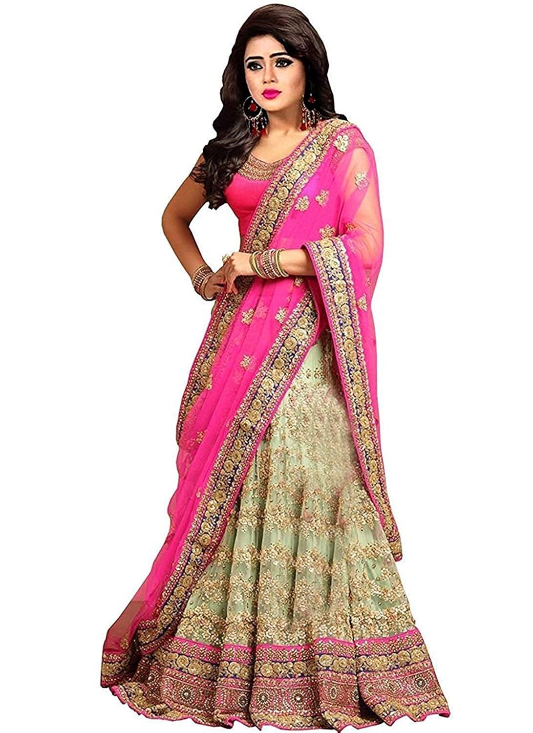 dwarkesh fashion women's taffeta silk embroidered semi-stitched lehenga choli with net dupatta (pink, free size)