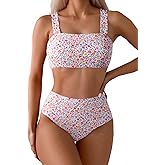 Fanuerg Women's High Waisted Bikini Sets Wide Straps Two Piece Swimsuit Floral Print Bathing Suits