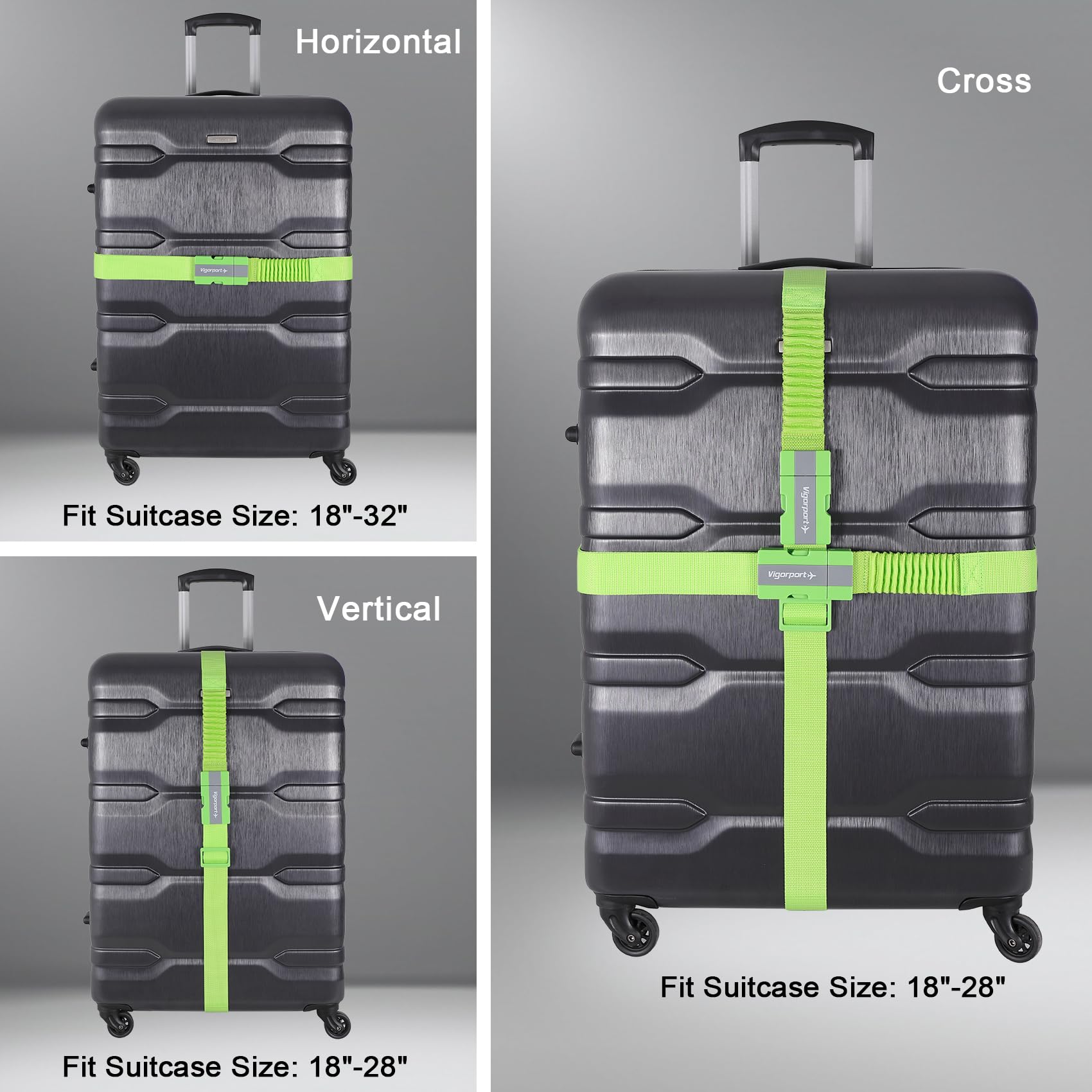 Vigorport Luggage Straps with Stretch Part, Green Suitcase Belt TSA Approved with Adjustable Quick-Release Buckle to Keep Your Suitcase Secure While Traveling