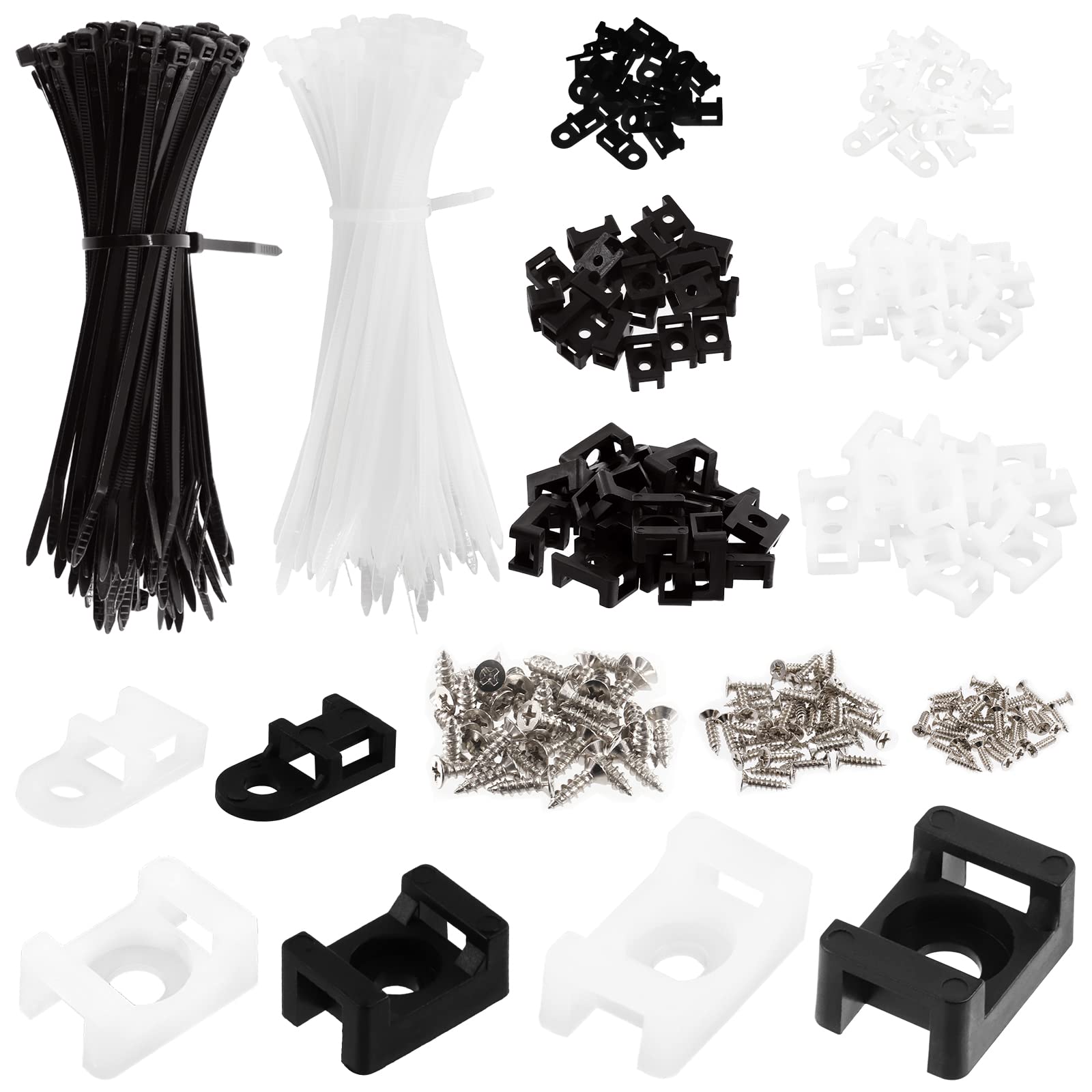 Keadic 480 Pcs Strong Base Saddle Type Cable Tie Mount with Cable Zip Tie and Deep Thread Pan Head Screws, Wire Holder Wire Fasteners for Cable Clips Management Outdoor Indoor (Black and White)