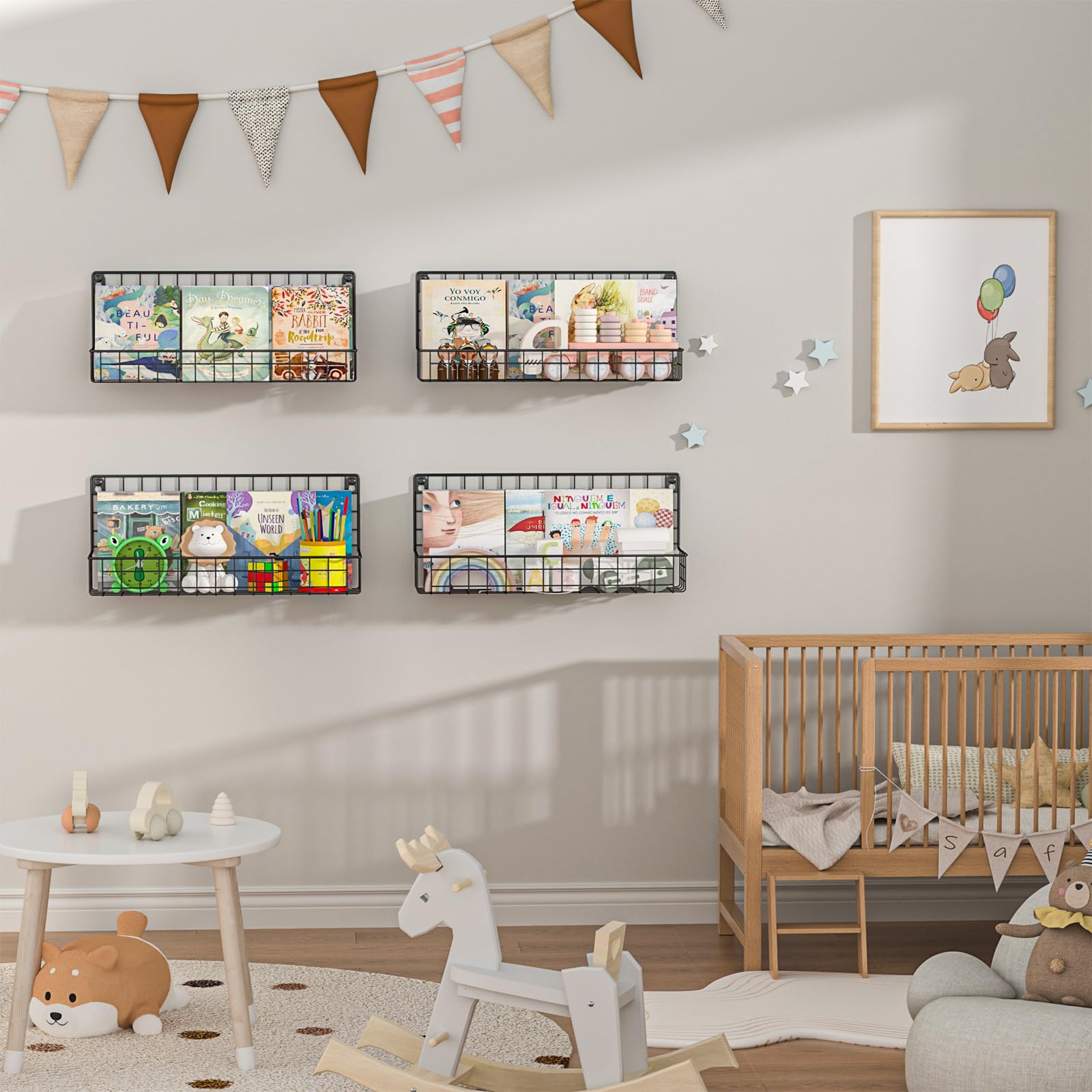Wall Mounted Metal Kids Bookshelf, Floating Book Shelves for Kids Nursery Toddler Classroom, Hanging Book Shelf Organizer for Room Decor, Black, Set of 4