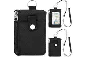 ZHOMA Minimalist Small Wallet for Men Women with 2 Zip Pockets, Multi Functional ID Case with Keychain and Card Holder, Coin Purse Badge Lanyard Pouch for Boys Girls Travel -Black