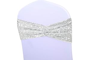 SQUAREPIE SquarPie Pack of 50 Chair Sashes Bands Silver Stretch Spandex One-Sided Sequin Bows for Wedding Party Fiesta Decor