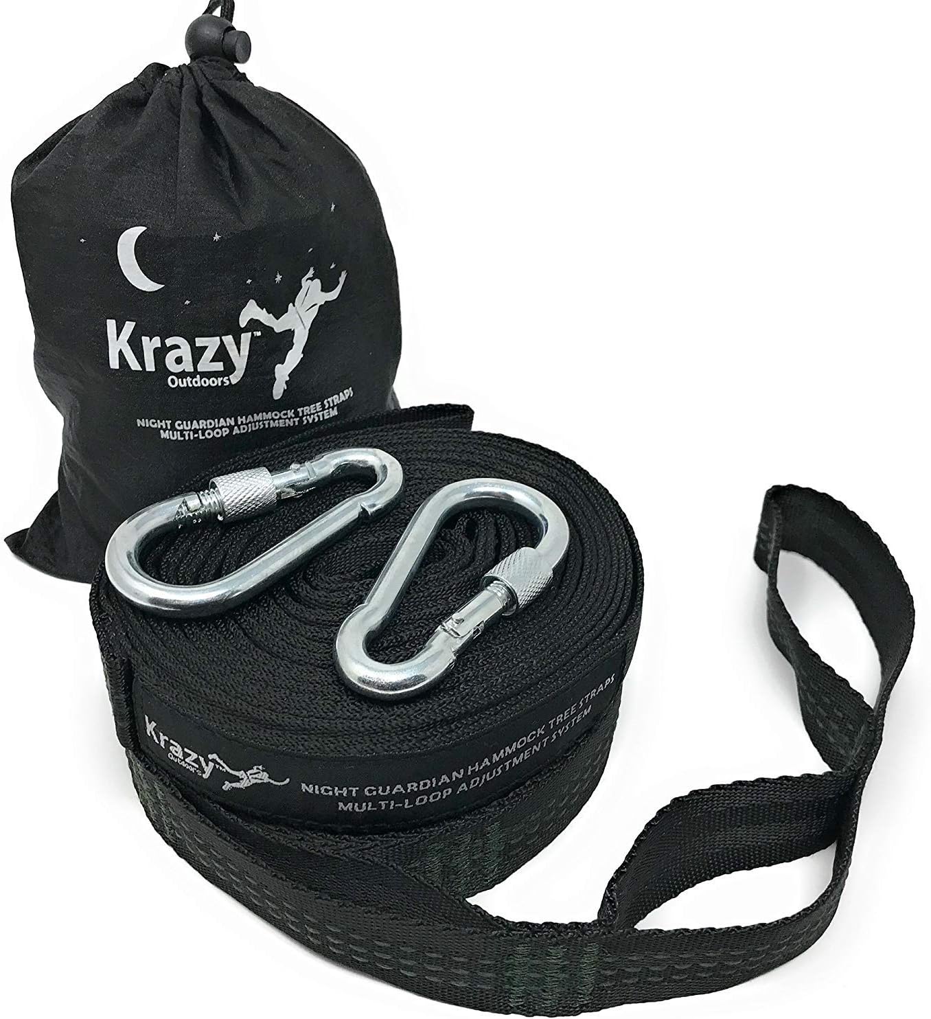 Krazy Outdoors Night Guardian Hammock Tree Straps - Black with Dark Green Stitching - Heavy Duty - 21 Multi-Loop Adjustment System - 100% Polyester Webbing Quality Straps - 1500 lbs Weight Capacity