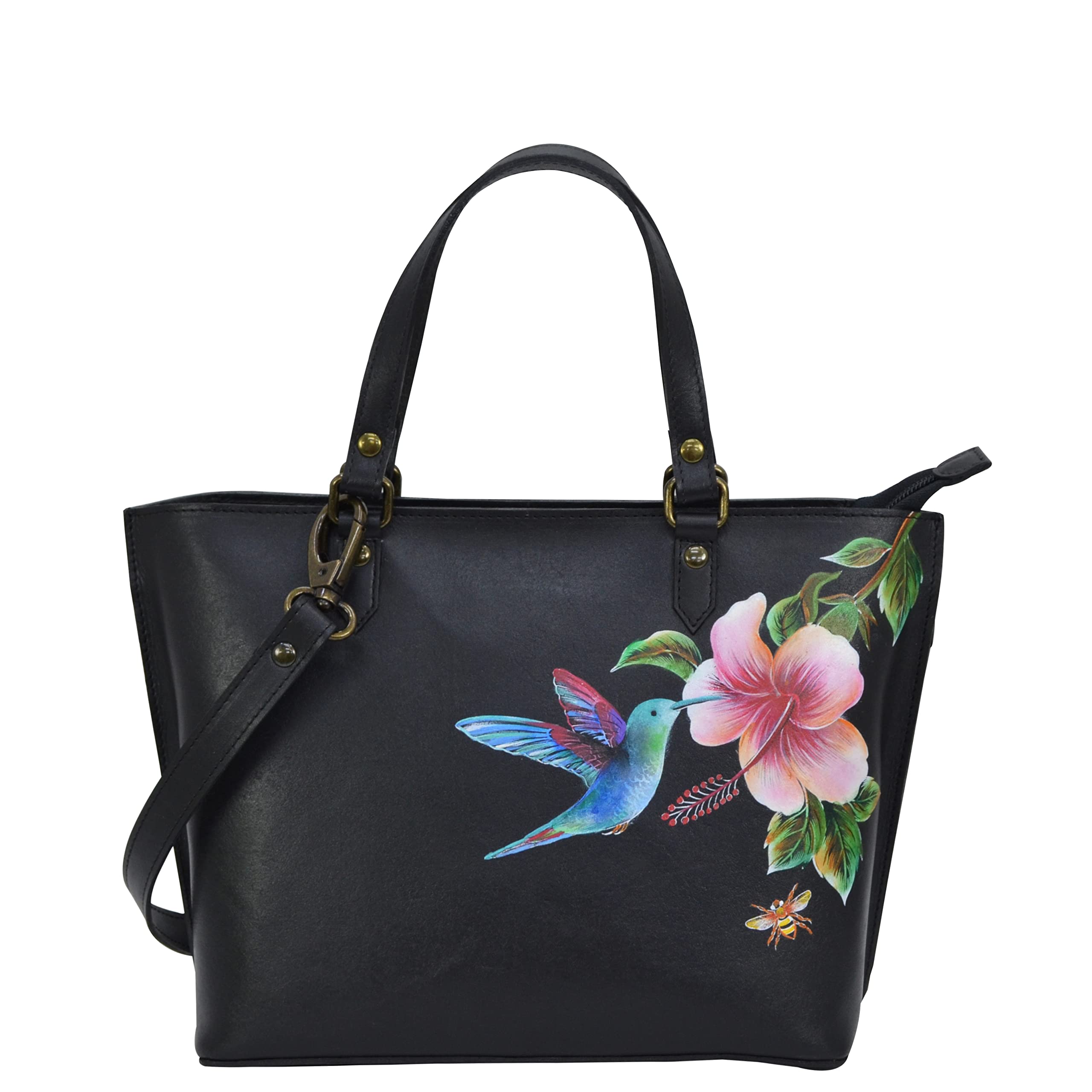 Anuschka Women's Hand Painted Genuine Vegetable Tanned Leather Medium Tote - Hummingbird Black