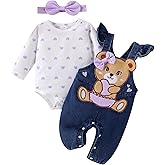 TOKIAGO Baby Girl Clothes Outfits Fall Winter Cute Love Romper Bear Cartoon Overalls Jeans Pants Headband Set 0-18 Months